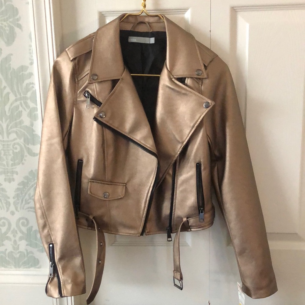 Metallic Rose Gold Leather Moto Jacket by Vince